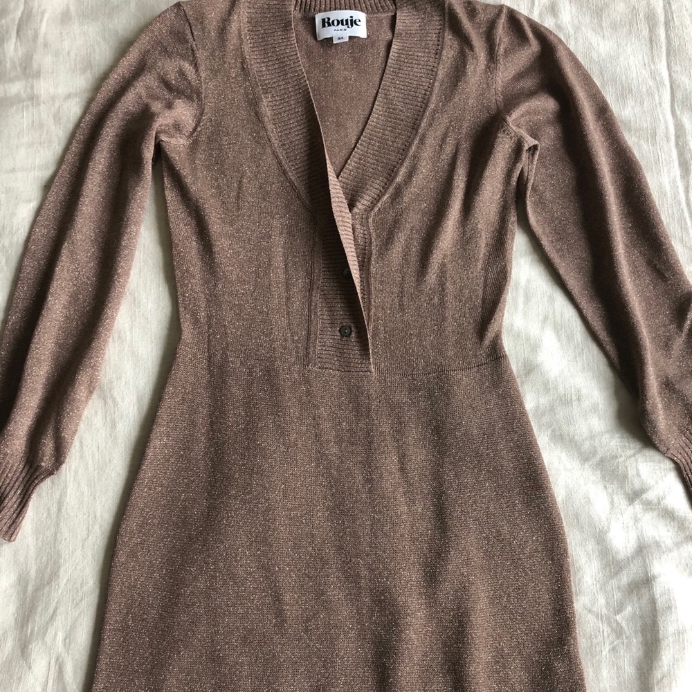 Rouje Metallic Sparkle Button Long Sleeve Dress